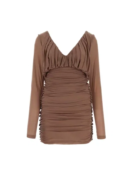 Sukienka mini Saint Laurent z falbankami z długim rękawem z dżerseju brązowa