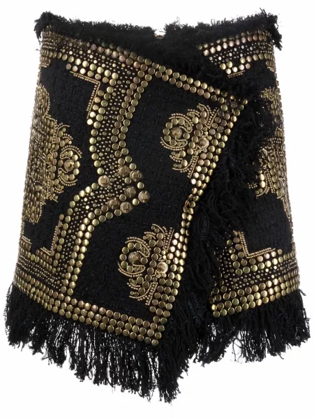 Fustă Balmain cu broderie din tweed negru