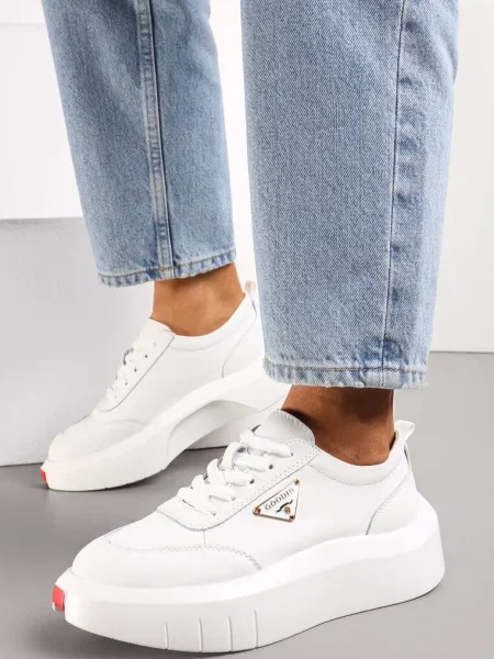 Sneakerși Albi din Piele pe Platformă cu Inserție Mică Laterală Renipa alb