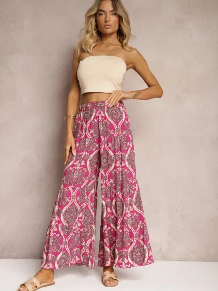 Fuksjowe Spodnie z z Szerokimi Nogawkami High Waist Wykończone Gumką w Talii Risettasmi różowe