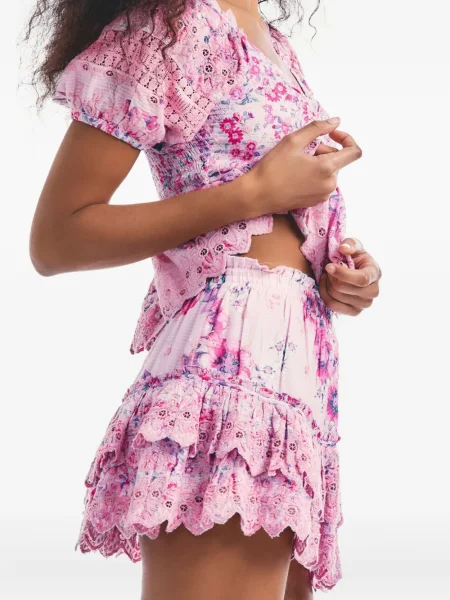 Fusta mini Loveshackfancy cu model floral cu volane roz