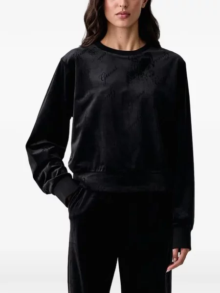 Hanorac Guess de catifea cu imagine negru