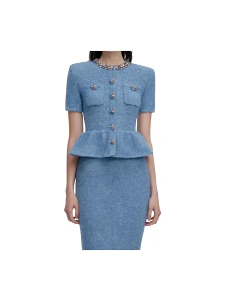 Dzianinowa sukienka midi Self-portrait do kolan garniturowa niebieska