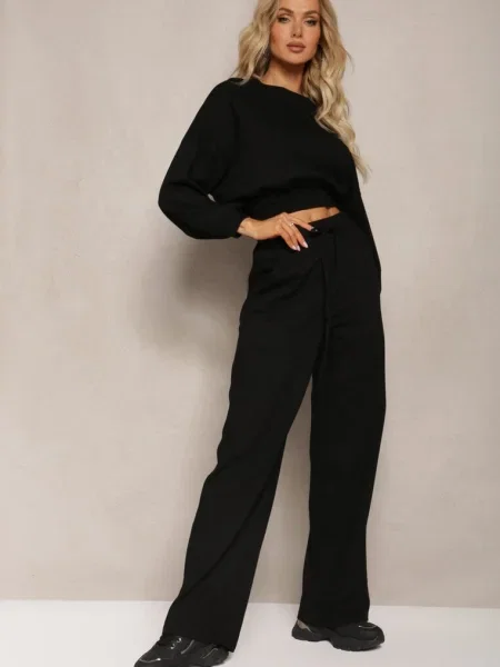 Compleu din Bluză Scurtă cu și Pantaloni Largi cu Șnur în Talie Rionnea negru