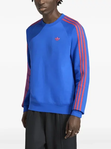 Pulover Adidas cu dungi cu decolteu rotund albastru