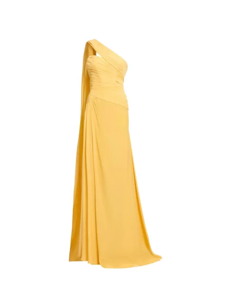 Rochie maxi Elie Saab de mătase drapată cu un umăr gol galben