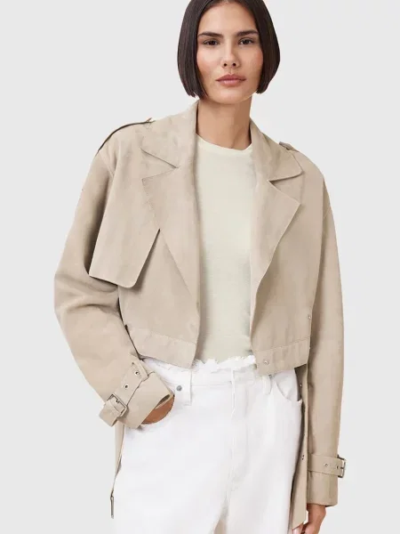 Велурено яке AllSaints OPHELIA преходен модел с уголемена кройка бежово