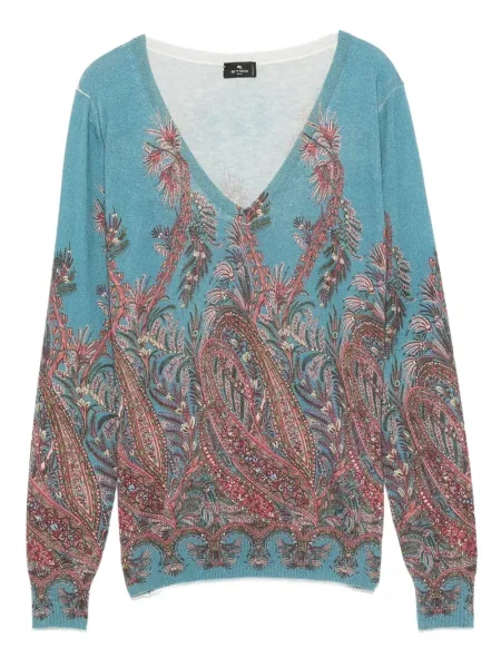 Top Etro cu imagine cu decolteu în V cu model paisley albastru