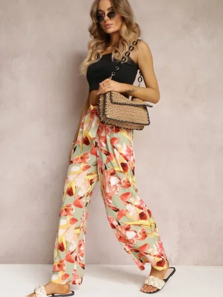 Miętowo-Czerwone Spodnie Szerokie w Kwiaty Alirria czerwone