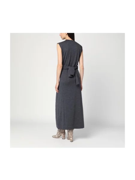 Sukienka maxi Jil Sander wełniana bez rękawów z paskiem szara