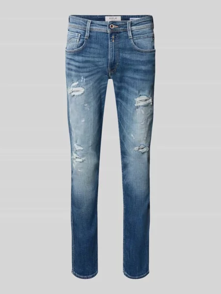 Jeansy o kroju slim fit z efektem znoszenia model Anbass' Replay granatowe