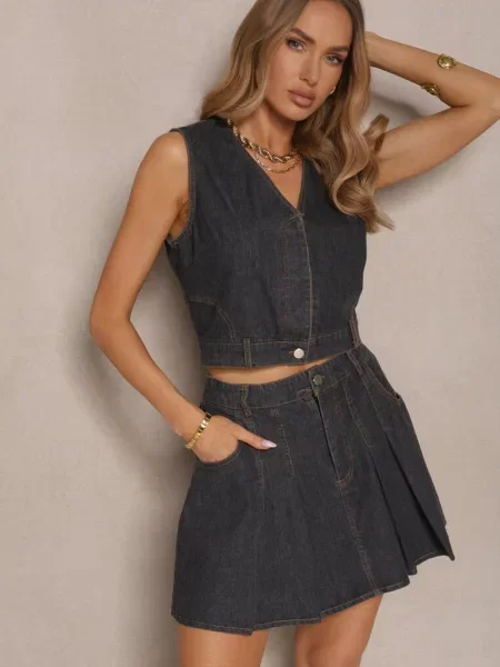 Komplet Jeansowy Kamizelka i Spódnica o Rozkloszowanym Kroju Isbia czarny