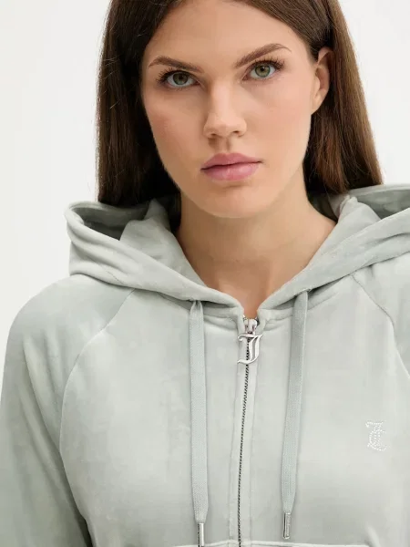Велюровый однотонный свитер Juicy Couture с капюшоном серый