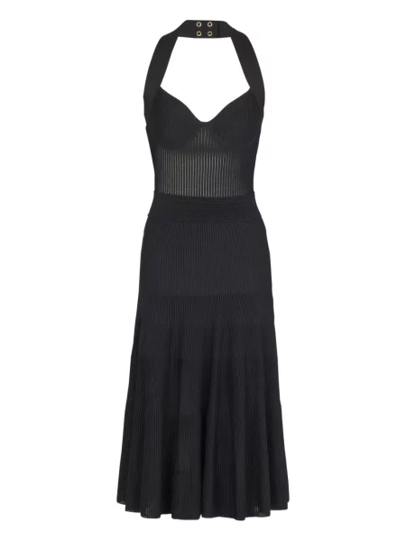 Rochie midi Balmain plisată până la genunchi cu gât halter negru