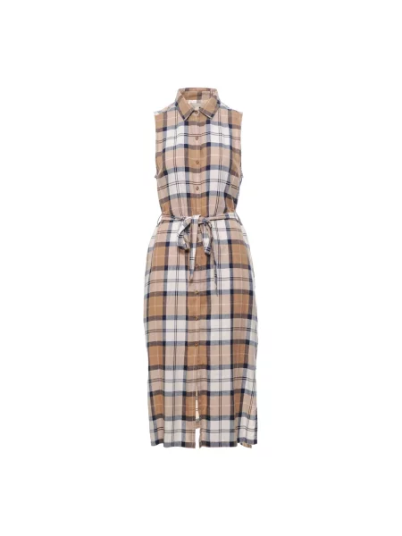 Lniana sukienka koszulowa Barbour w kratkę garniturowa brązowa