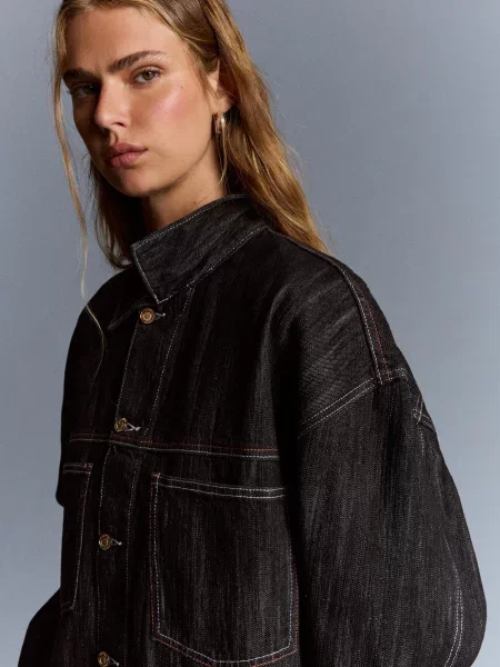 Bershka Kurtka Jeansowa Trucker Żakardowa Kobieta S czarny