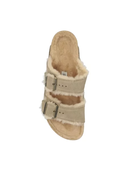 Birkenstock klapki zamszowe Arizona Shearling beżowe