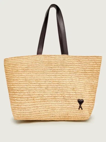 AMI Paris Geantă shopper AMI DE COEUR cu adaos de piele bej