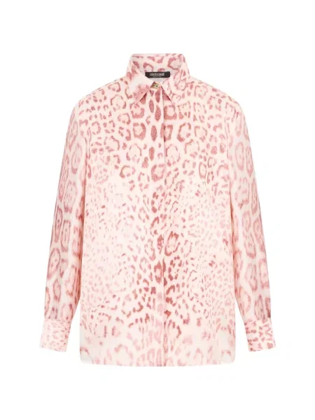 Cămașă Roberto Cavalli de mătase cu imagine cu model leopard roz