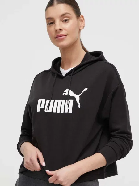 Суичър с качулка Puma с качулка с принт черно
