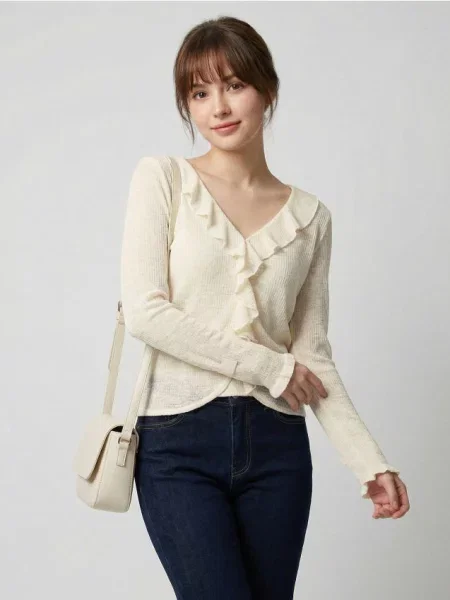 Блузка з довгим рукавом і декоративною воланою нюдовий