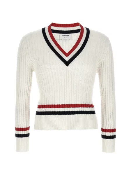 Pulover Thom Browne cu decolteu în V alb
