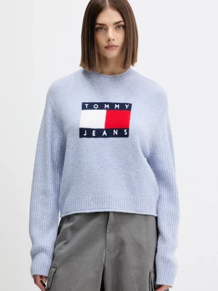 Пуловер от вълна Tommy Jeans розово от лека материя синьо