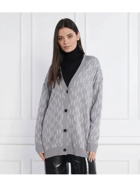 Karl Lagerfeld Cardigan | Longline Fit cu adaos de lână gri