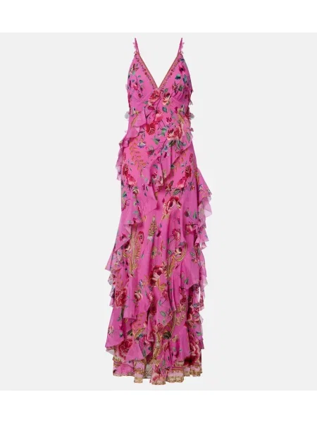 Rochie maxi Camilla de mătase cu model floral cu volane roz