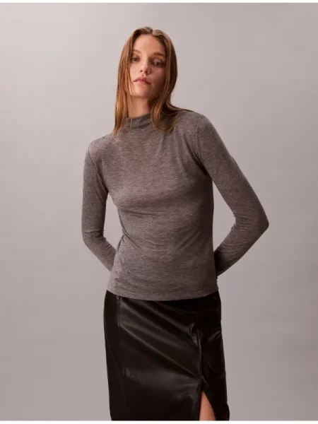 Bluză Calvin Klein de lână cu guler înalt gri