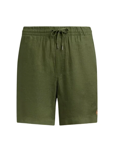 Szorty z lnu ze ściągaczem w pasie i przeszytym logo Polo Ralph Lauren zielone