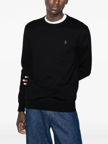 Пуловер Polo Ralph Lauren с автограф с връзки с кръгло деколте синьо