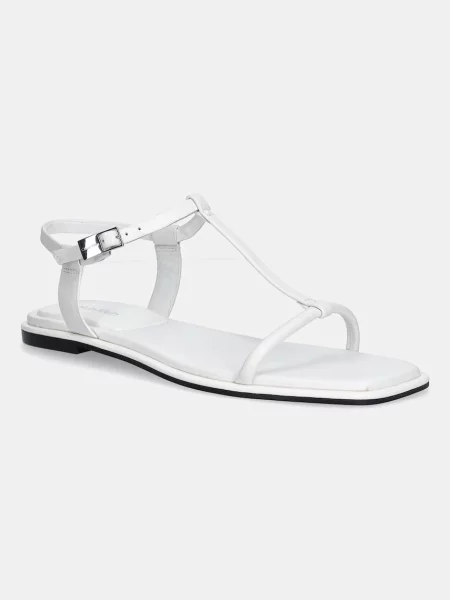 Kožené sandály Calvin Klein FLAT SANDAL SQUARED BUCKLE LTH bílá
