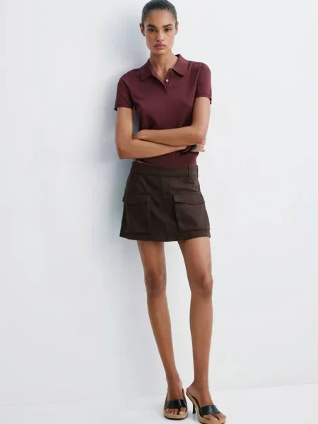 Sweter z cienkiej dzianiny z kołnierzykiem polo kasztanowy Kobieta XXS MANGO