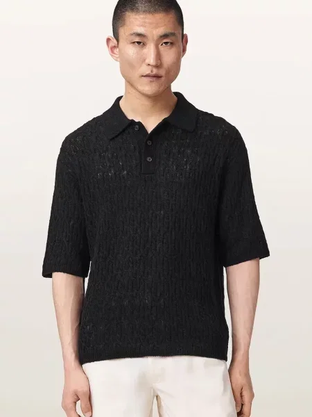 Tricou polo Allsaints de lână negru
