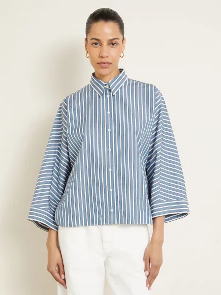 Brunello Cucinelli Oversized Košile S Rukávy tmavě modrá / hnědá bílá