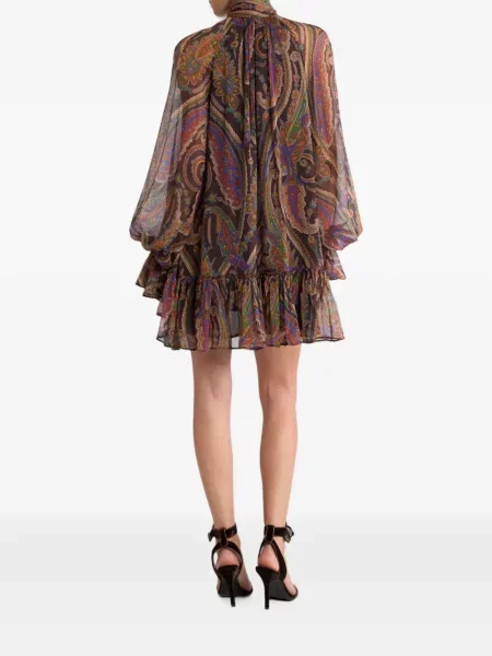 Rochie mini Etro de mătase cu volane cu model paisley maro