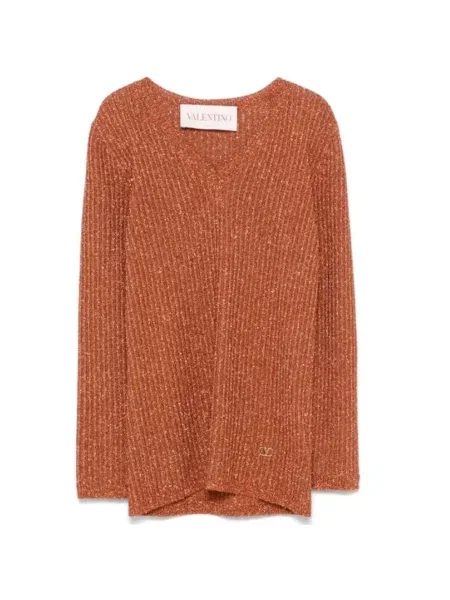 Lniany sweter Valentino z dekoltem w serek pomarańczowy