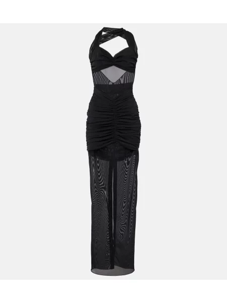 Maksi obleka Alessandra Rich z volani z mrežo črna