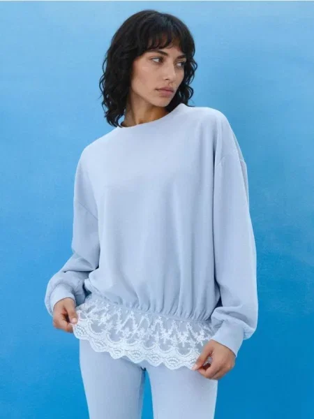 Ребриста кофта crewneck вільного крою з мереживом блакитний