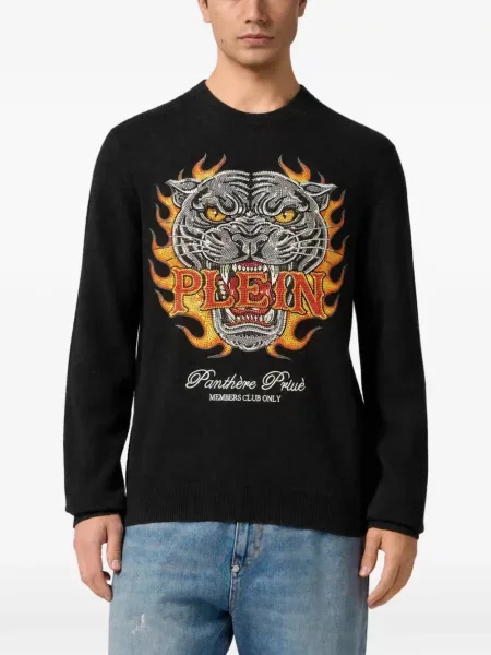Pulover Philipp Plein cu decolteu rotund cu strasuri negru