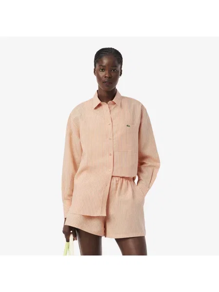 Lacoste Lniana Koszula W Paski Oversize pomarańczowa
