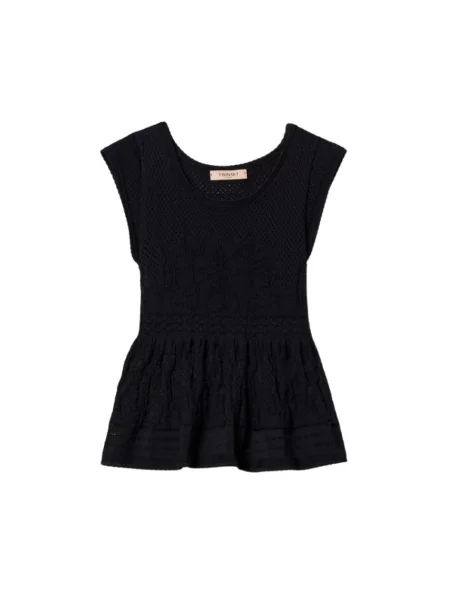 Lniany top Twinset z nadrukiem dzwony czarny