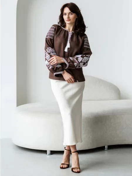 Лляна Вишита сорочка Folk Moda коричневий