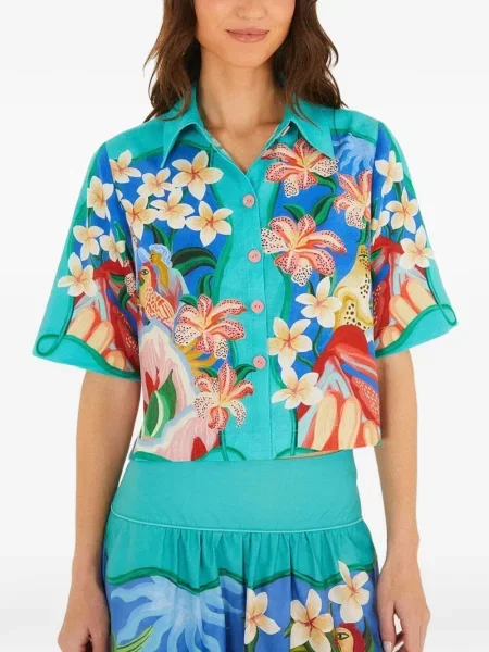 Decupat cămașă Farm Rio cu model floral cu imagine albastru