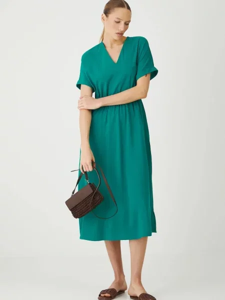 Medicine sukienka z domieszką lnu midi dopasowana zielony
