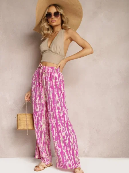 Pantaloni Mov cu Picior Larg Imprimeu Abstract și în Talie Sarieta