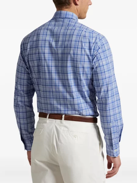 Ленена карирана риза Polo Ralph Lauren бродирана синьо