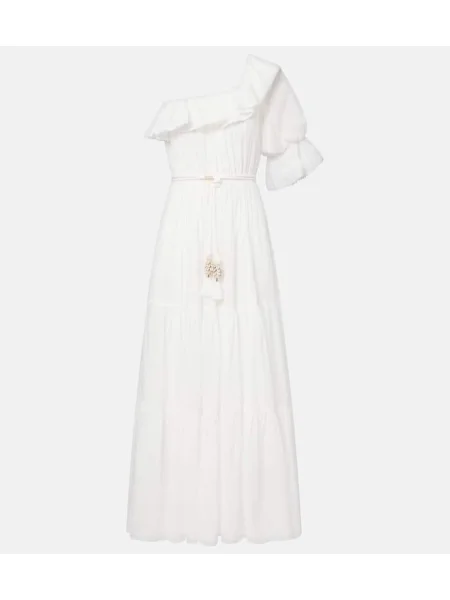 Sukienka maxi Poupette St Barth z falbankami muślinowa garniturowa biała