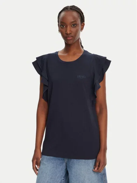 Liu Jo Koszulki Kobieta L Modny T-shirt z Falbankami na Rękawach czarny